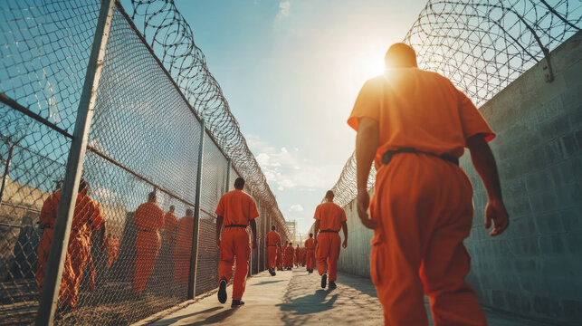A group of inmates in orange jumpsuits walking in a prison yard, surrounded by barbed wire fences, under the setting sun.

