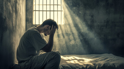 A somber image of a distressed inmate sitting on a bed in a dimly lit prison cell, reflecting on his situation.

