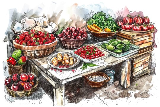 A colorful display of fresh fruits and vegetables on a table, great for use in cookbooks or marketing materials