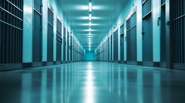 A dimly lit, empty prison corridor with rows of closed cell doors, capturing the stark and confined atmosphere of incarceration.

