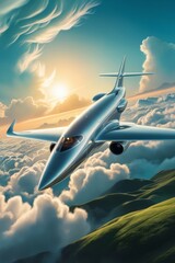 Naklejka premium A sleek, silver, and futuristic airplane soars through a breathtaking, turquoise-blue sky, surrounded by a sea of wispy, cotton-like clouds that are illuminated by the warm 