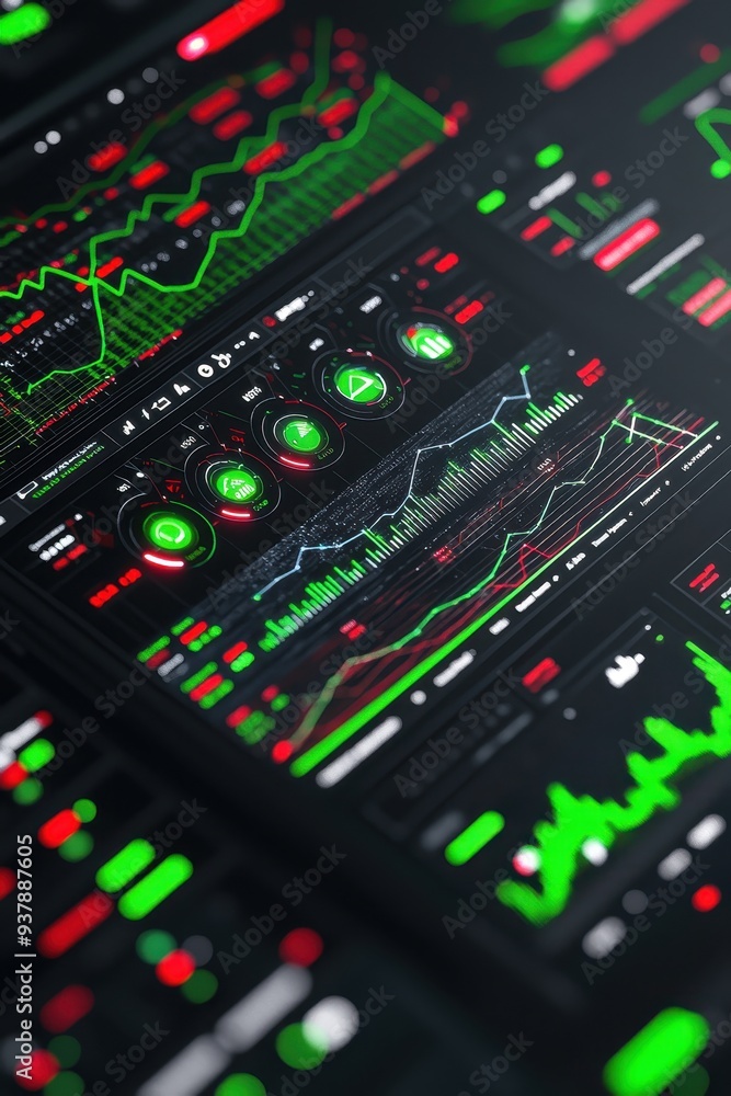 Poster stock market data analysis display screen with graphs and charts