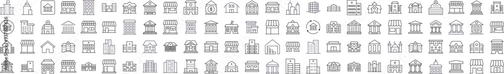 Poster bundle of various houses and constructions related line icons. editable stroke for design, web sites