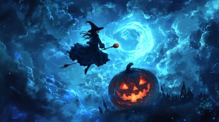 Fototapeta premium Chibi-style witch riding a broomstick over a large pumpkin, with swirling clouds and eerie moonlight creating a magical atmosphere