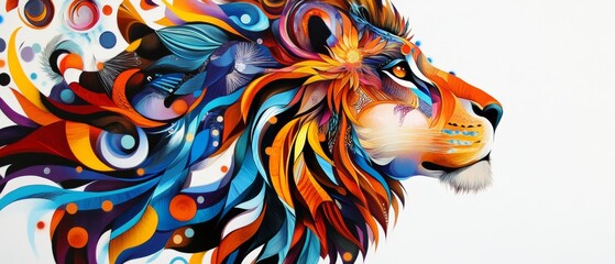 Detailed and vibrant painting of the zodiac sign Leo, featuring bold colors and intricate designs, on a crisp white background