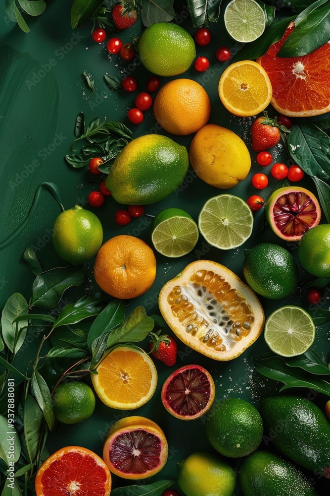 Poster colorful array of fruits and veggies on a green background