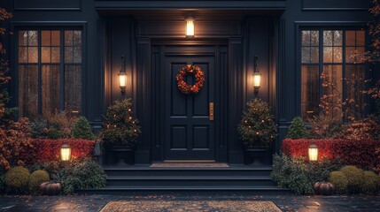 Graphic showing a sophisticated Halloween entryway decorated with minimalist wreaths and subtle lighting.
