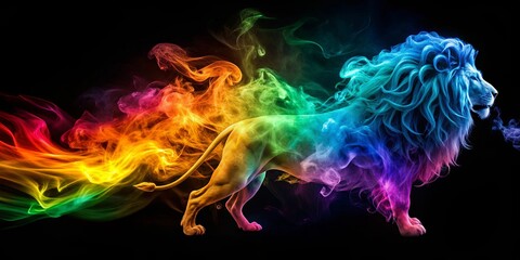 Fototapeta premium Colorful smoke swirling in the form of a lion , vibrant, abstract, artistic, animal, smoke art, colorful