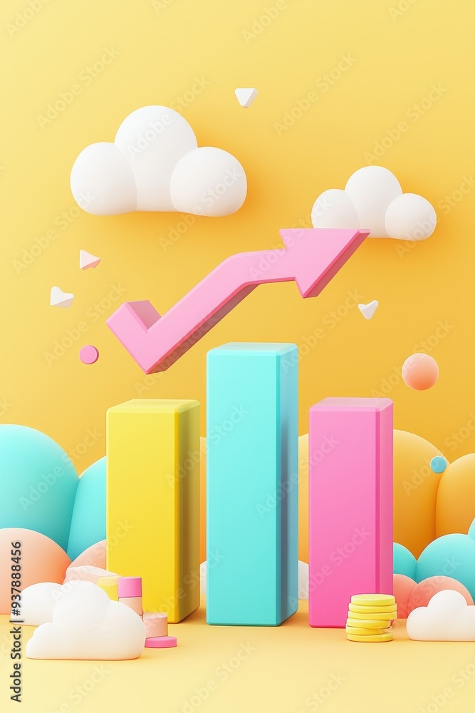 Poster d upward arrow chart with clouds and coins on yellow background