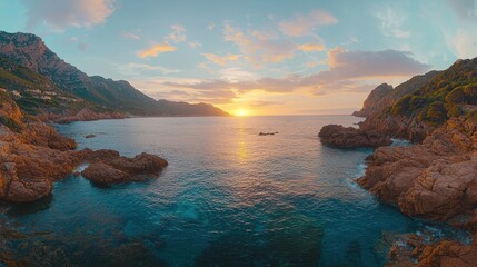 Sunset over Rocky Coastline with Clear Blue Water