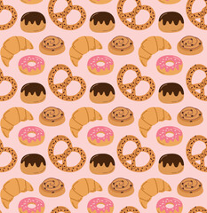 Seamless pattern with different sweet buns. Vector colorful background with bakery products in flat style	
