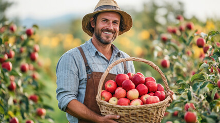 Happy farmer holding basket of apples in apple orchard