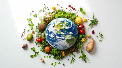 A globe surrounded by fresh vegetables symbolizes global nutrition and sustainability in agriculture and healthy living.