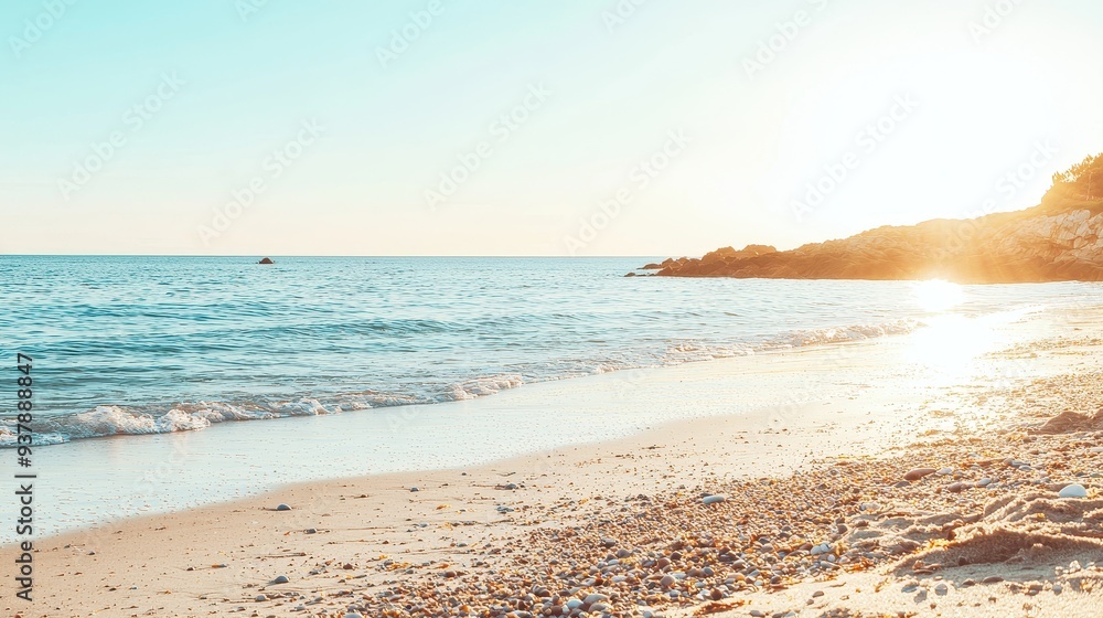 Canvas Prints golden sunset over tranquil beach with rocky coastline