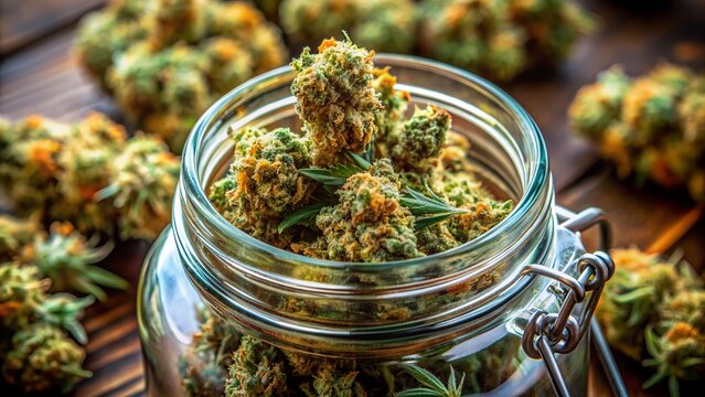 Pristine, vibrant marijuana buds fill a glass jar, preserving the essence of the harvest, with trichomes glistening, and a faint aroma of freshness emanating from within.