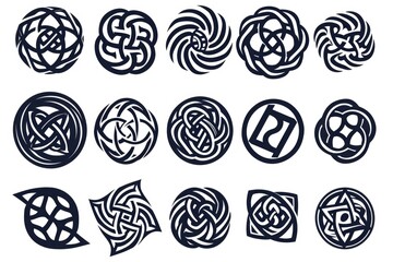 A collection of intricate Celtic knotwork designs and symbols