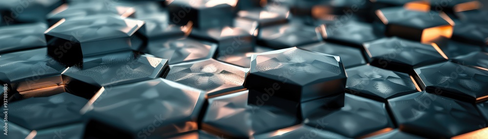 Poster a close-up view of hexagonal patterns with a glossy finish, showcasing a modern and dynamic design e