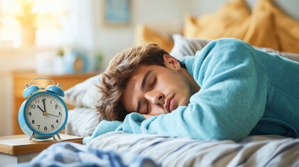 Young man sleeping late with alarm clock showing 8:00 am