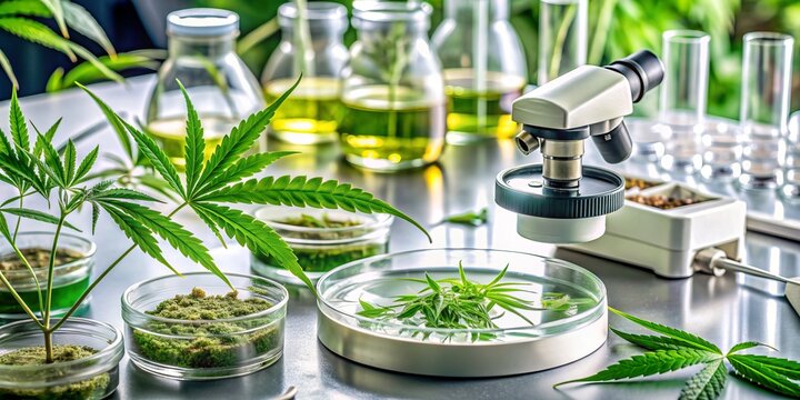 Microscopic slides and petri dishes with hemp and cannabis leaves specimens on a laboratory counter surrounded by various scientific equipment and greenery.