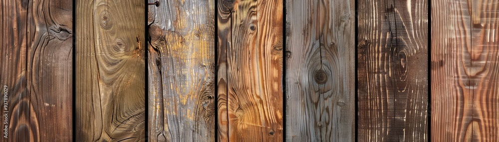 Poster a collection of rustic wooden planks with varied textures and hues, perfect for background or design