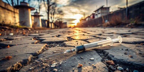 Discarded and filthy, a lone used syringe lies abandoned on a cracked asphalt surface, surrounded by dirt and debris, amidst a desolate urban landscape.