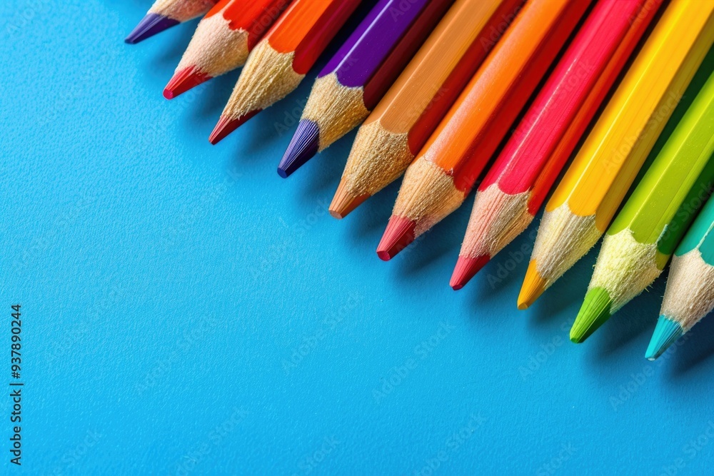 Poster a collection of colorful pencils arranged on a blue background, ready for use