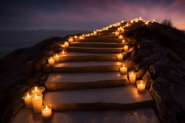 Golden steps edged with flickering candles ascending through a twilight sky filled with shooting, AI Generated