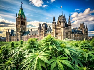 Naklejka premium Massive thriving cannabis plants stand tall and proud in front of the historic parliament building, symbolizing governmental support for marijuana legalization and reform.