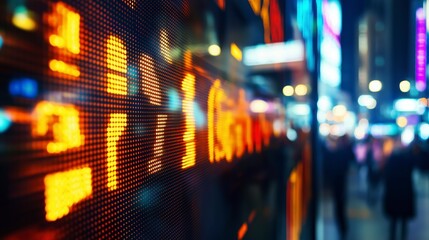 Closeup of a digital display showing stock market data with a blurred background of a city at night.