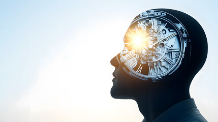 Daylight exposure human silhouette with a sun and clock
