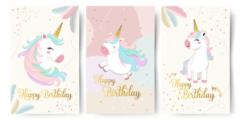 Set of Happy birthday cards with cute unicorn and golden phrase. Gentle templates, frames. Golden horn