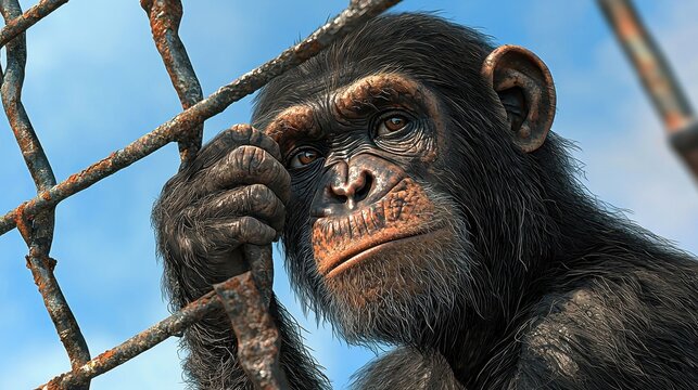 Close-up of a thoughtful monkey gazing from behind bars, conveying emotion and awareness in a natural setting.