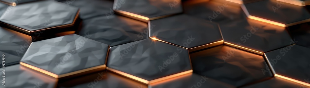 Poster close-up of a modern metallic hexagonal pattern with subtle lighting, highlighting the unique textur