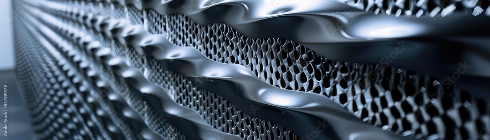 Poster close-up of a textured metallic surface, showcasing intricate patterns and reflections that create a