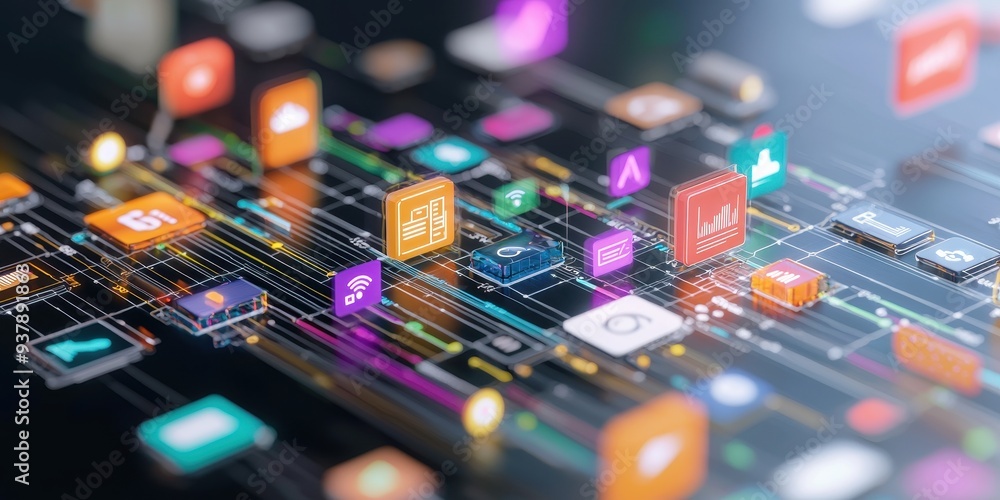 Aufkleber abstract technology background with colorful icons and lines