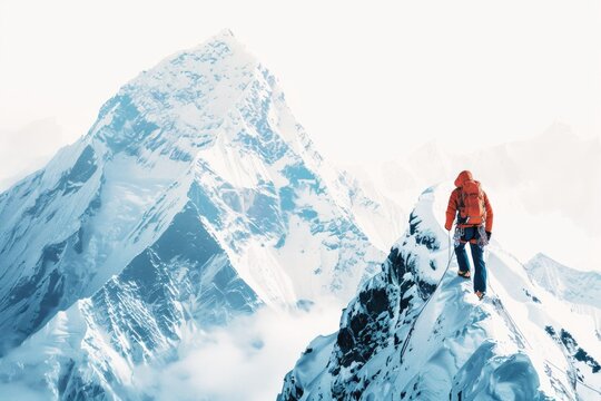 A person standing at the summit of a snow-covered mountain, with breathtaking views