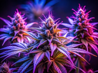 Vibrant cannabis buds illuminated by purple LED lighting, showcasing dense trichomes and intricate leaf structures, against a dark background, exuding a sense of luxury and potency.