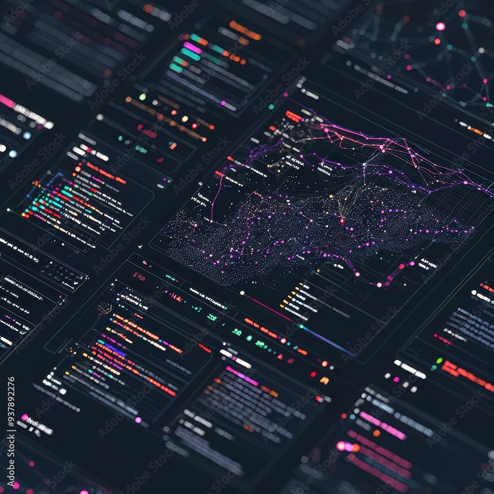Poster futuristic digital interface with data analysis and network map