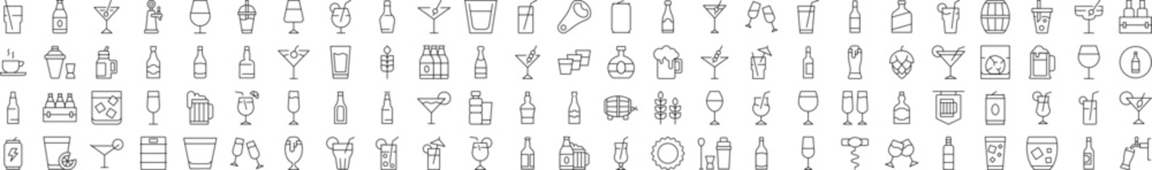 Collection of Beverage Related Line Icons. Editable Stroke for Design, Web Sites, Apps, Cards. Contains Linear Images of Beer, Coffee, Cocktail