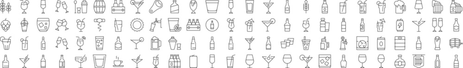 Bundle of Related Line Icons. Editable Stroke for Design, Web Sites, Apps, Cards. Contains Linear Images of Beer, Coffee, Cocktail
