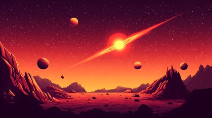 Fototapeta premium Rogue Star Drifting into Planetary System,Gravitational Forces Pulling Planets Away in Fiery Red Landscape