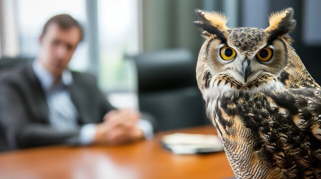 A great horned owl looks intently at a businessman sitting at a table in a meeting room.
