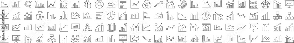 Poster collection of line icons of progress bar, diagram, statistics. editable stroke. minimalistic linear 