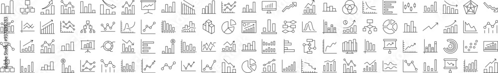 Poster set of line icons of progress bar, diagram, statistics. editable stroke. minimalistic linear pictogr