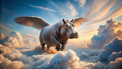 A hippopotamus with wings soaring above the clouds in an incredible and fantastic aerial journey.