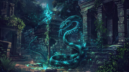 Obraz premium A digital illustration of a majestic indigo snake entwined around a mystical staff, its body glowing faintly with magical energy