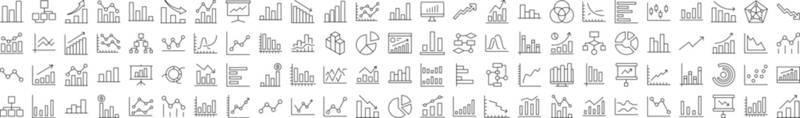 Set of Line Icons of Progress Bar, Diagram, Statistics. Editable Stroke. Minimalistic Linear Pictogram for Design of Cards, Apps, Banners, Posts