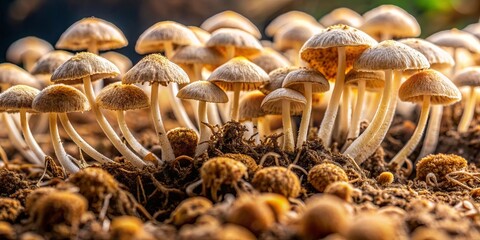 Close up of intricate network of mushroom mycelium in rich soil, fungi, mycelium, mushrooms, underground, network