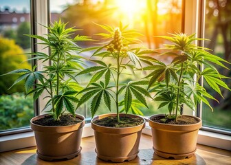 Fototapeta premium Three lush green cannabis plants in a flower pot sit on a sunny window sill, their leaves and buds thriving in a cozy home environment.