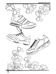 Footwear, sneakers, sport shoes. Fashion sketch.